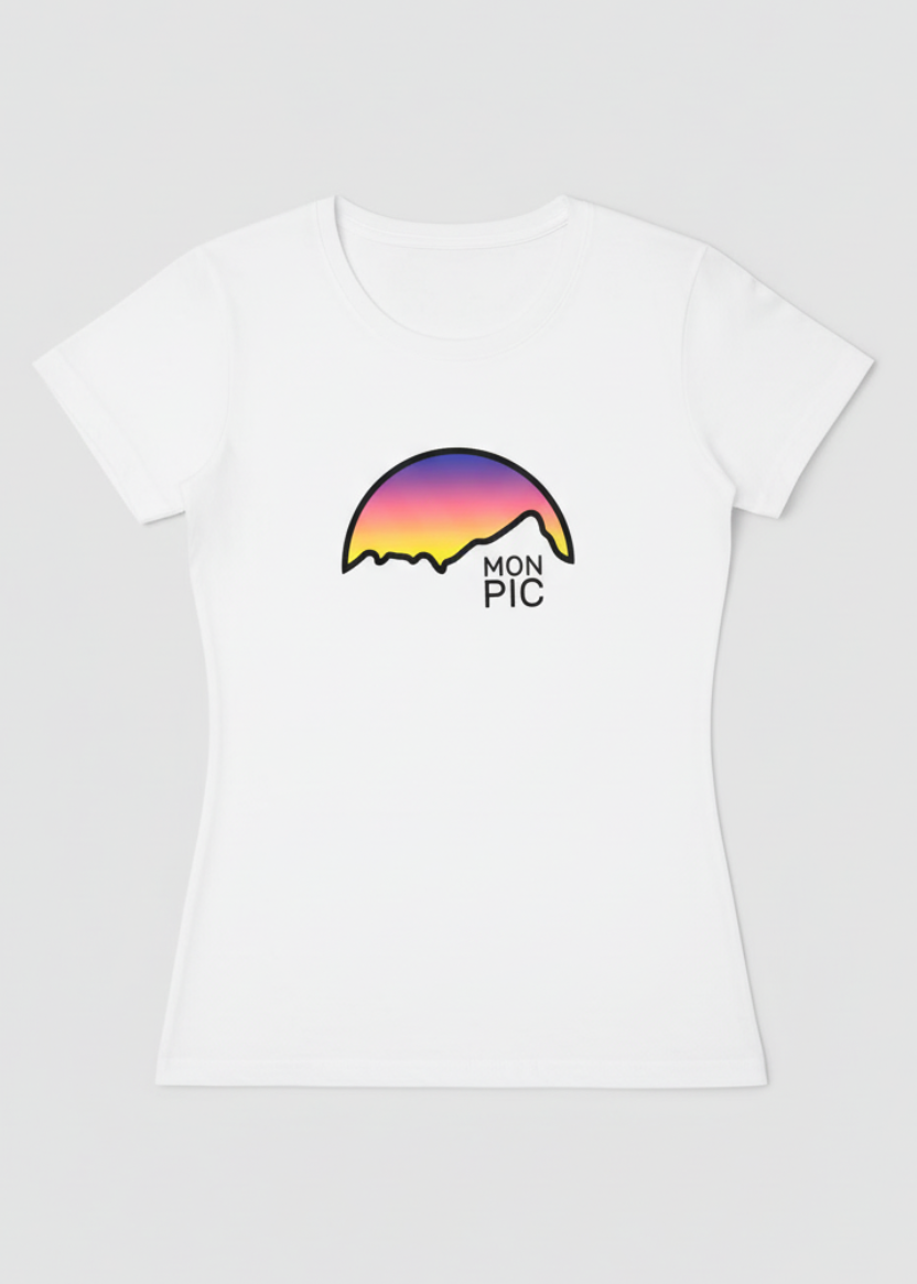 t-shirt blanc femme MON PIC crépuscule fond gris